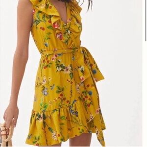 MAEVE BY ANTHROPOLOGIE Floral Wrap Strawberry Gold Mustard Yellow Dress